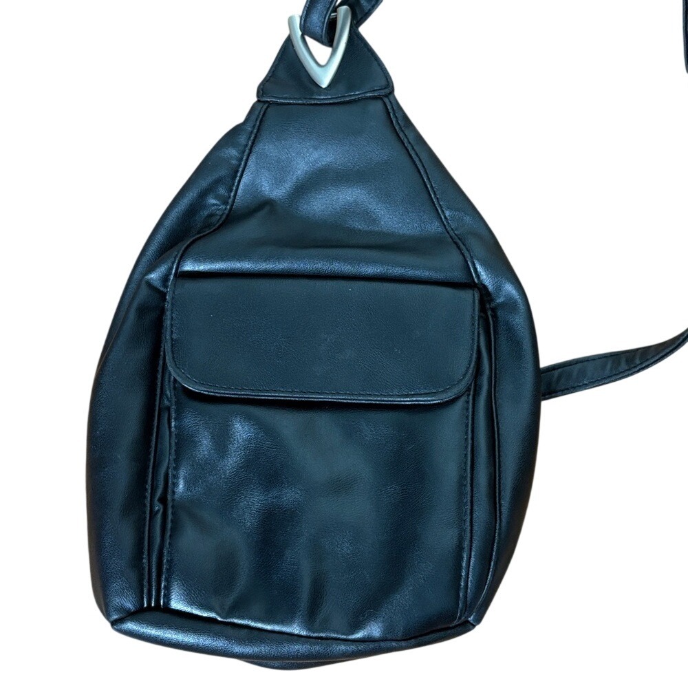 Black‎ Leather Like Sling Teardrop Backpack Silver V Hardware Adjustable Strap